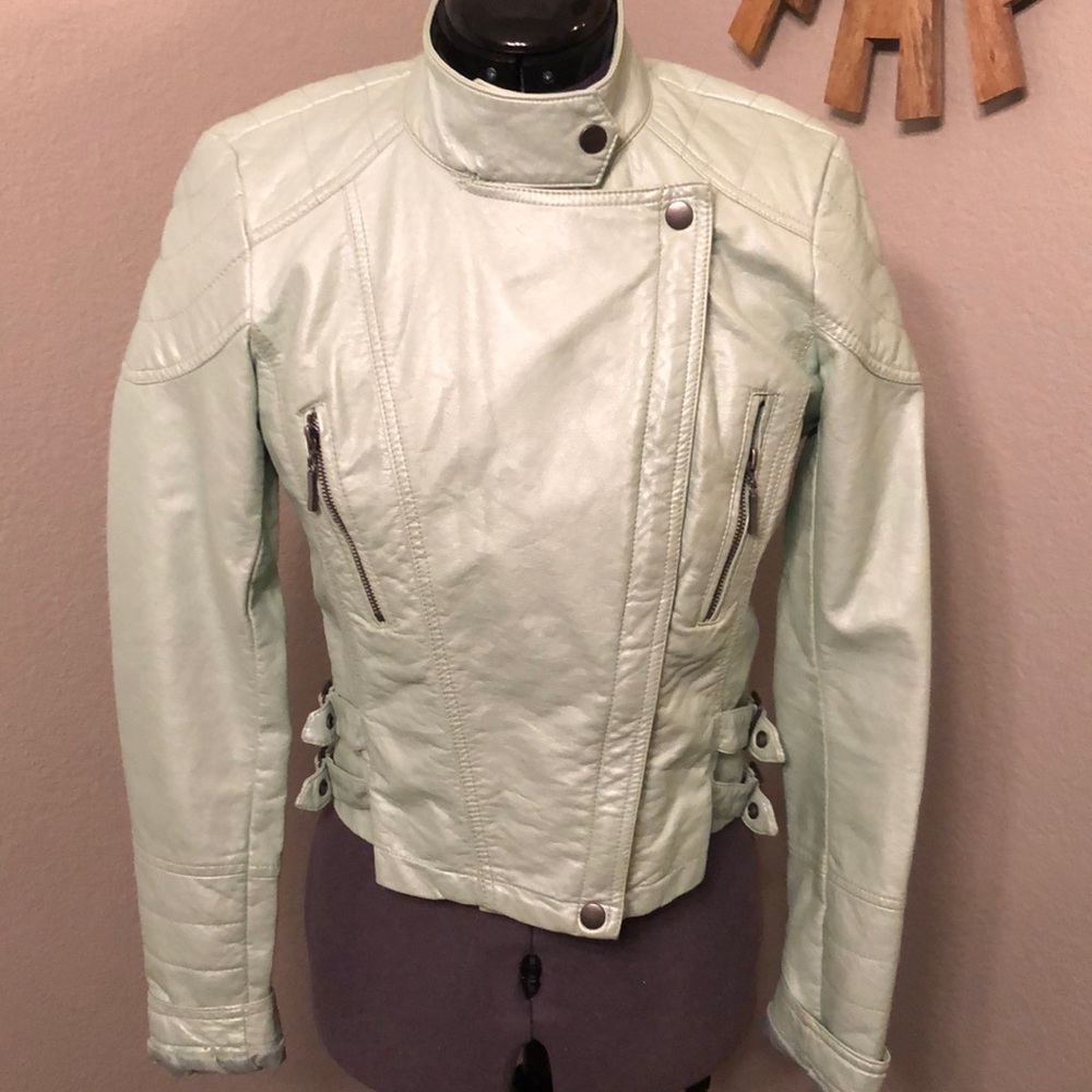Silvery light teal vegan leather moto jacket